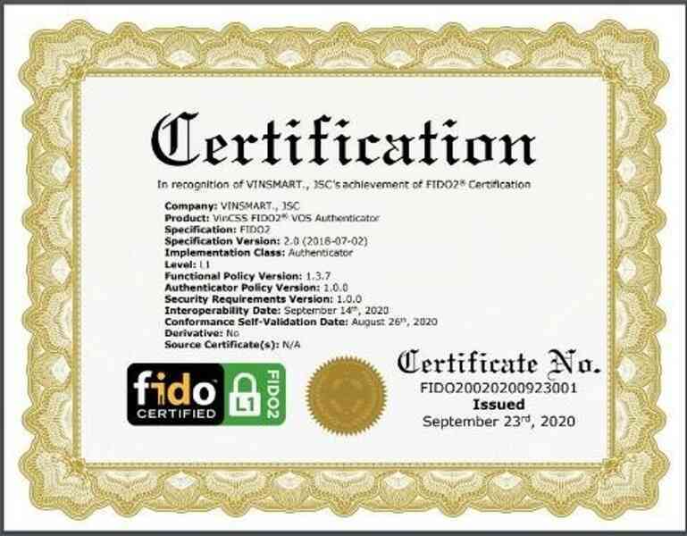 Hệ điều hành VOS của Vinsmart đạt chuẩn FIDO, hỗ trợ xác thực mạnh không cần mật khẩu