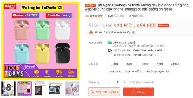 Cẩn thận với tai nghe nhái Airpods: Giống 99%, cả tá màu siêu đẹp, giá vài chục nghìn, dùng siêu dở mà vẫn có hàng trăm lượt đánh giá 5 sao - Ảnh 13. Cẩn thận với tai nghe nhái Airpods: Giống 99%, cả tá màu siêu đẹp, giá vài chục nghìn, dùng siêu dở mà vẫn có hàng trăm lượt đánh giá 5 sao - Ảnh 13.