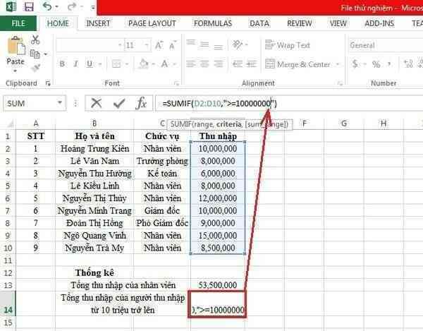 Hướng dẫn sử dụng hàm SUMIF trong Excel
