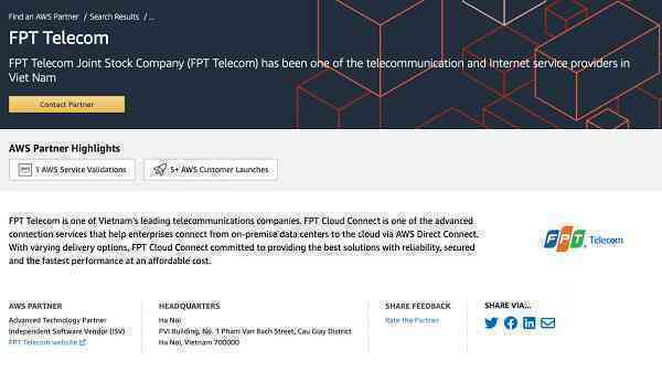 Công ty Cổ phần Viễn thông FPT đạt được chứng nhận Advanced Technology Partner trong Mạng lưới đối tác AWS
