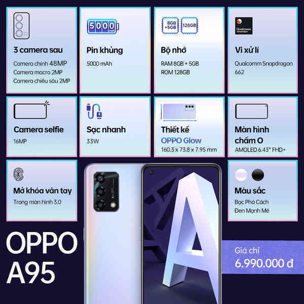 OPPO A95 ra mắt tại VN: Thiết kế thời trang, có màn hình AMOLED, Snapdragon 662, pin 5000mAh, giá 6.9 triệu đồng - Ảnh 4. OPPO A95 ra mắt tại VN: Thiết kế thời trang, có màn hình AMOLED, Snapdragon 662, pin 5000mAh, giá 6.9 triệu đồng - Ảnh 4.
