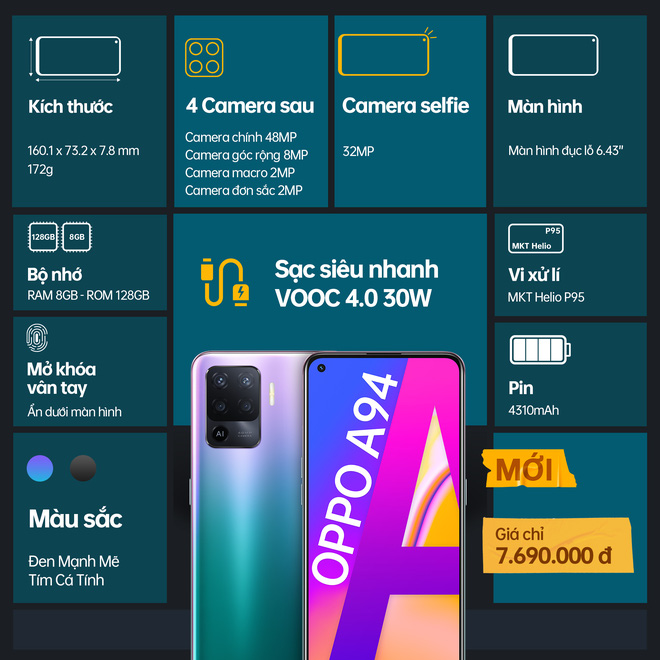 OPPO A94 ra mắt tại VN: Màn hình AMOLED, camera 48MP, Helio P95, pin 4310mAh, giá 7.69 triệu đồng - Ảnh 2. OPPO A94 ra mắt tại VN: Màn hình AMOLED, camera 48MP, Helio P95, pin 4310mAh, giá 7.69 triệu đồng - Ảnh 2.