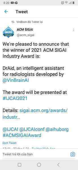 VinBrain giành giải thưởng Quốc tế “Công nghiệp ACM SIGAI 2021 cho sản phẩm trí tuệ nhân tạo xuất sắc nhất”