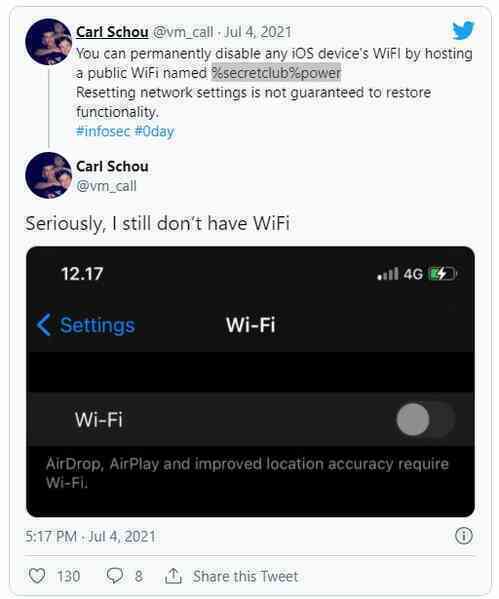 Xuất hiện biến thể mới nguy hiểm của lỗi tên mạng Wi-Fi trên iPhone, thiết bị chỉ cần nằm trong vùng phủ sóng là dính đòn - Ảnh 2. Xuất hiện biến thể mới nguy hiểm của lỗi tên mạng Wi-Fi trên iPhone, thiết bị chỉ cần nằm trong vùng phủ sóng là dính đòn - Ảnh 2.