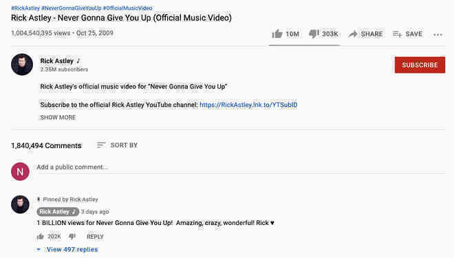 Nhờ vô số người bị Rickroll, video ‘Never Gonna Give You Up’ đạt 1 tỷ lượt xem trên YouTube