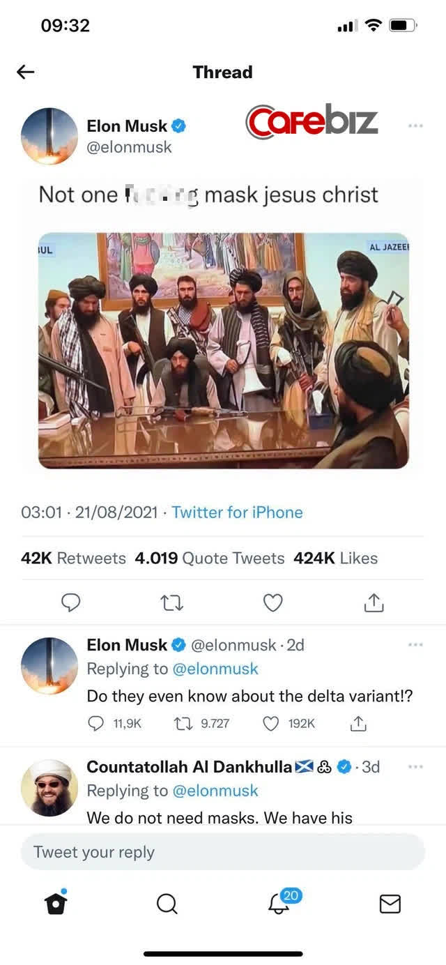 Elon Musk gây bão mạng xã hội khi tweet chê Taliban không đeo khẩu trang - Ảnh 2. Elon Musk gây bão mạng xã hội khi tweet chê Taliban không đeo khẩu trang - Ảnh 2.