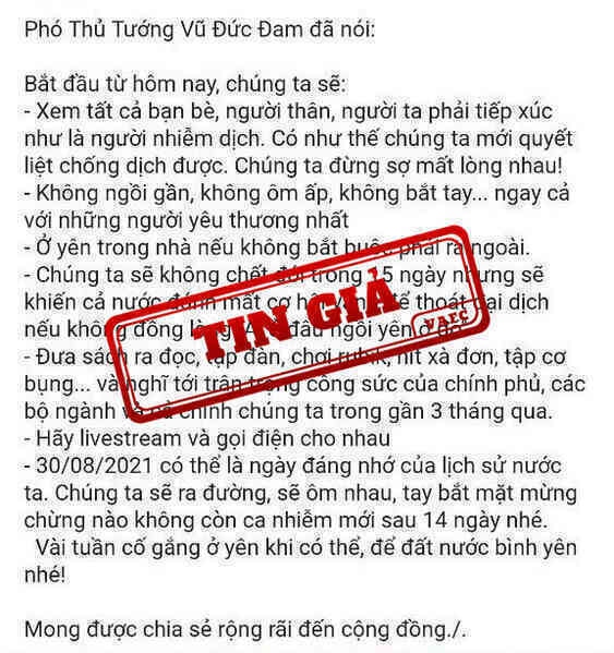 Nhiều tài khoản Facebook đăng thông tin giả mạo phát ngôn của Phó Thủ tướng Vũ Đức Đam