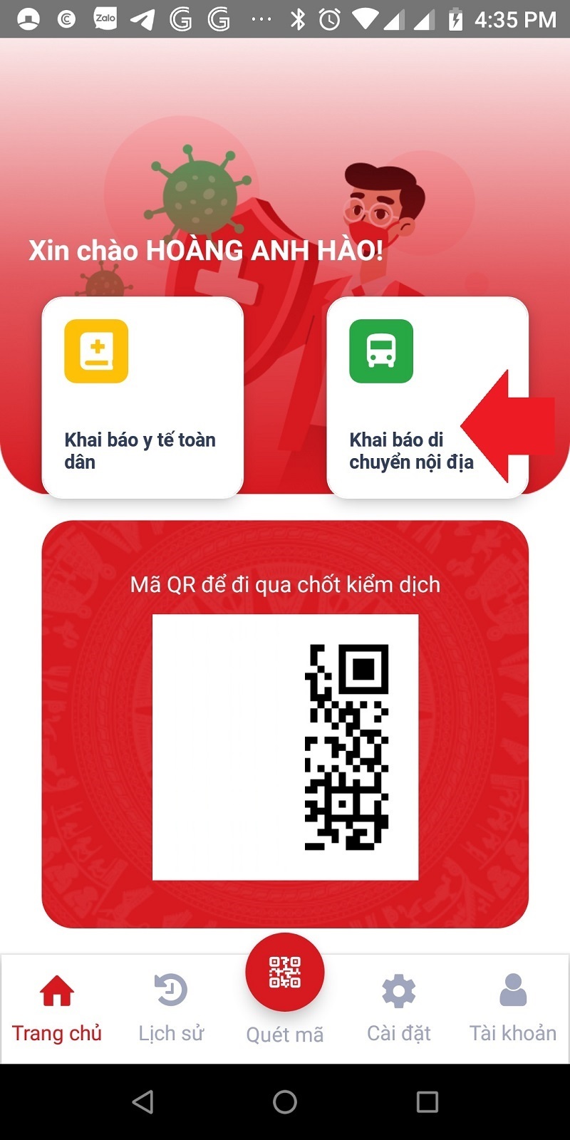 Hướng dẫn khai báo di chuyển nội địa trên app VNEID