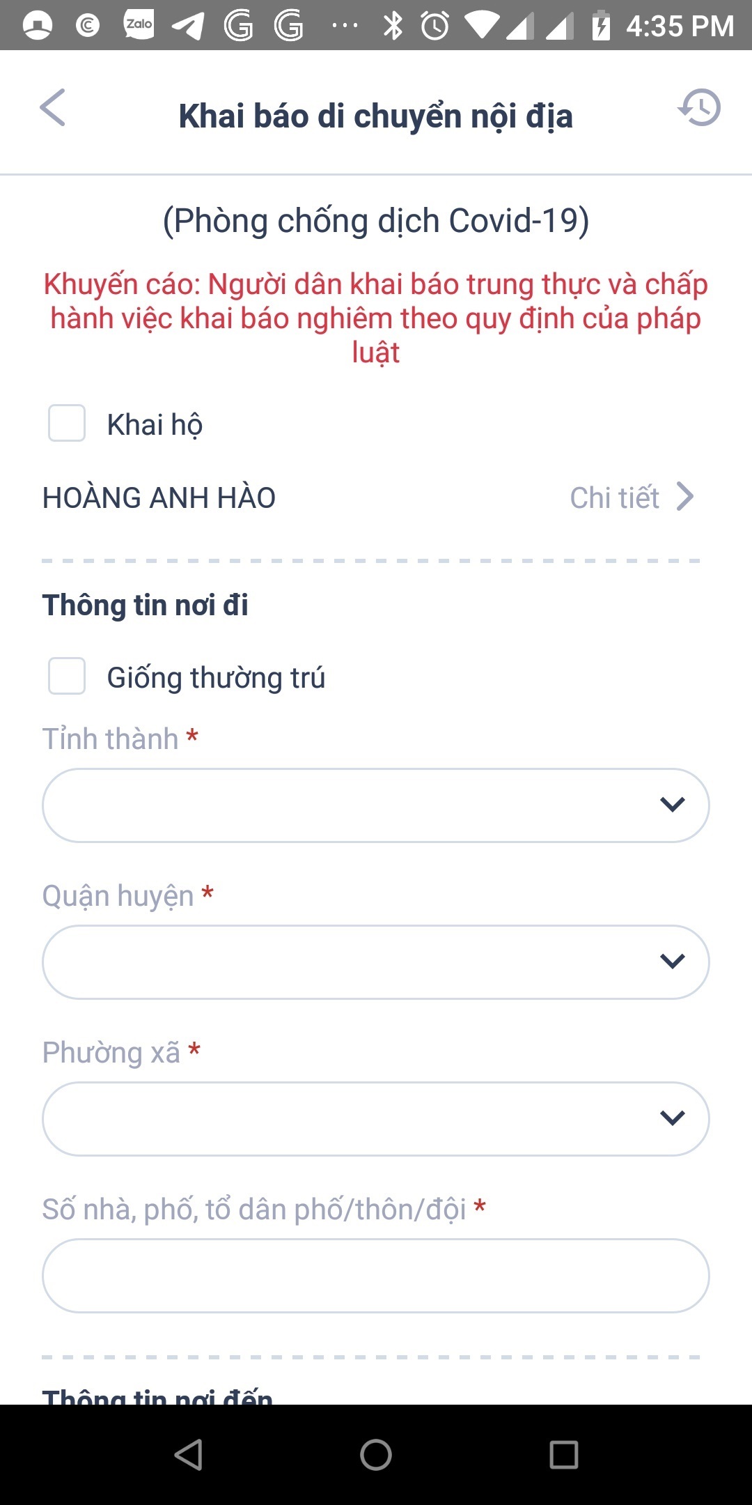 Hướng dẫn khai báo di chuyển nội địa trên app VNEID