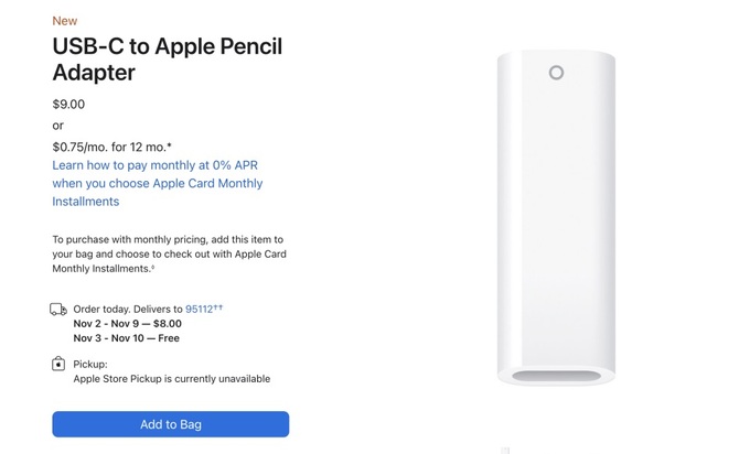 Người dùng phải mua thêm phụ kiện giá 9 USD nếu muốn sạc pin Apple Pencil trên iPad 10 (Ảnh: Apple Store).