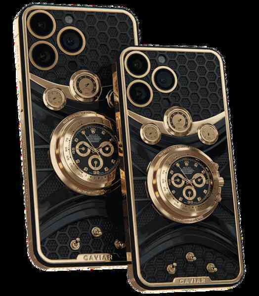 Mặt lưng iPhone được tích hợp đồng hồ Rolex Cosmograph Daytona, trên mặt đồng hồ có đính 8 viên kim cương (Ảnh: Caviar).
