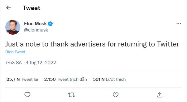 Elon Musk khẳng định đã làm hòa với Apple, các “ông lớn” công nghệ quay lại quảng cáo trên Twitter - Ảnh 1. Elon Musk khẳng định đã làm hòa với Apple, các “ông lớn” công nghệ quay lại quảng cáo trên Twitter - Ảnh 1.