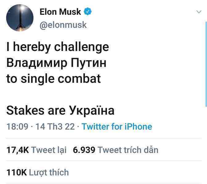 Elon Musk thách Tổng thống Putin đấu tay đôi với phần thưởng là Ukraine - Ảnh 1. Elon Musk thách Tổng thống Putin đấu tay đôi với phần thưởng là Ukraine - Ảnh 1.