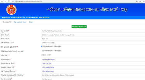 Phú Thọ mở cổng thông tin để F0 khai báo y tế trực tuyến