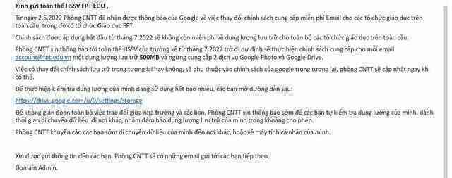 Một trường CNTT học phí top đầu Việt Nam giới hạn dung lượng Google của sinh viên còn 500MB, ít hơn cả thời kỳ sơ khai của Gmail cách đây gần 20 năm - Ảnh 1.
