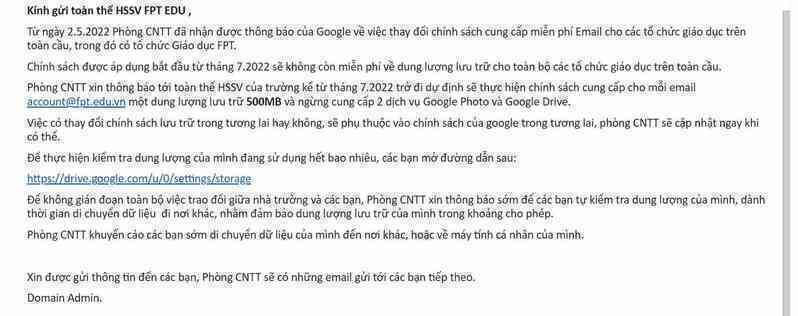 Một trường CNTT học phí top đầu Việt Nam giới hạn dung lượng Google của sinh viên còn 500MB, ít hơn cả thời kỳ sơ khai của Gmail cách đây gần 20 năm - Ảnh 1.