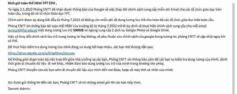 Một trường CNTT học phí top đầu Việt Nam giới hạn dung lượng Google của sinh viên còn 500MB, ít hơn cả thời kỳ sơ khai của Gmail cách đây gần 20 năm