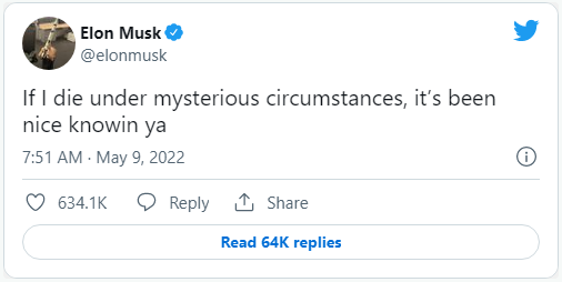 Đăng dòng tweet về khả năng "chết trong các tình huống bí ẩn", Elon Musk lại khiến cộng đồng mạng dậy sóng - Ảnh 1. Đăng dòng tweet về khả năng "chết trong các tình huống bí ẩn", Elon Musk lại khiến cộng đồng mạng dậy sóng - Ảnh 1.
