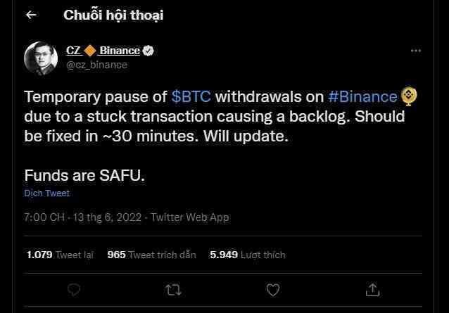 Binance tạm thời chặn rút Bitcoin