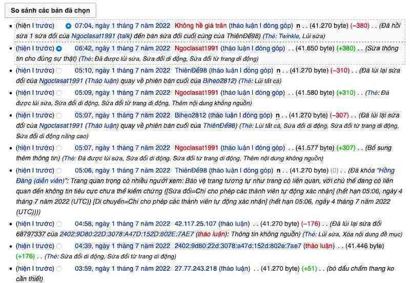 Giành nhau chỉnh sửa thông tin về diễn viên Hồng Đăng trên Wikipedia