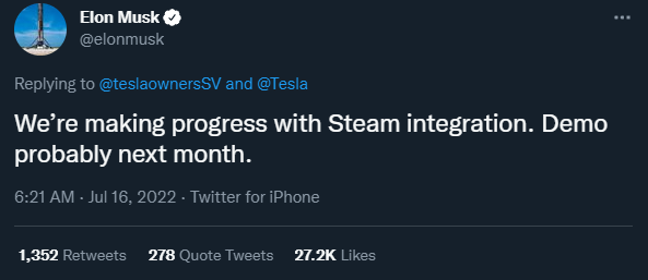 Tesla chuẩn bị tích hợp Steam lên xe điện, Elon Musk hứa tháng sau sẽ có bản thử nghiệm