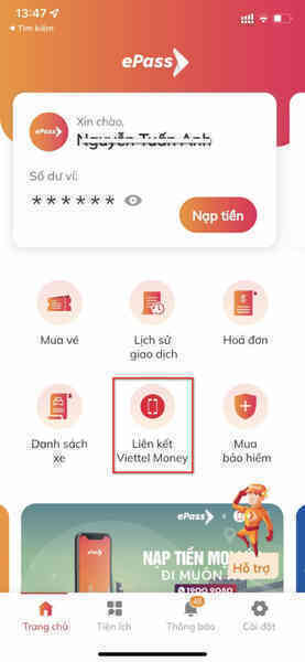Cách liên kết tài khoản thu phí không dừng ePass với Viettel Money