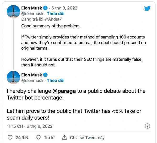 Elon Musk sẽ mua Twitter nếu họ chịu công bố số lượng tài khoản ảo