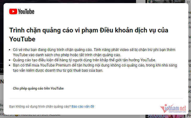 YouTube chặn tính năng phát video nếu người dùng sử dụng trình chặn quảng cáo