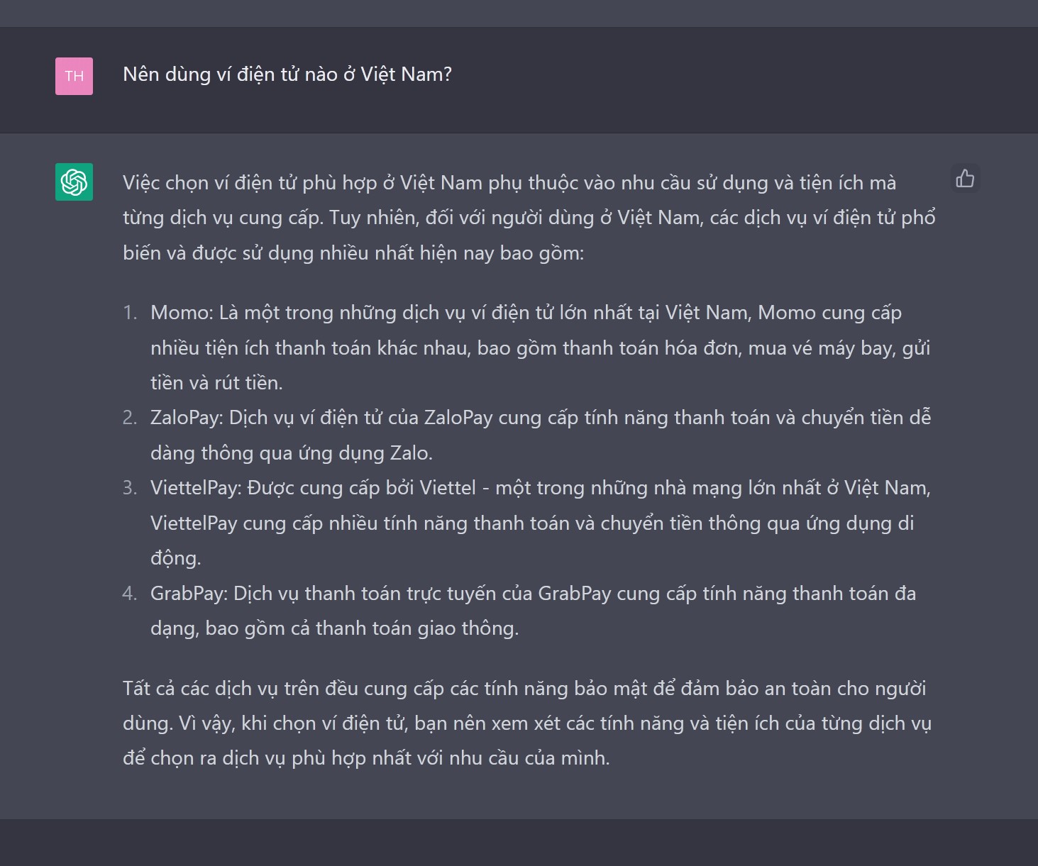 Hỏi ChatGPT nên dùng ví điện tử nào ở Việt Nam và đây là 4 cái tên được chatbot này gợi ý