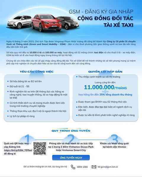 Công ty taxi điện của ông Phạm Nhật Vượng tìm đối tác tài xế: cam kết lương cứng lên đến 11 triệu đồng, hoa hồng 25% tổng doanh thu tháng