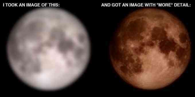 Hình ảnh mặt trăng đã được giảm độ phân giải để làm mất hết chi tiết (trái) và trở nên rõ nét hơn khi chụp bằng Galaxy S23 Ultra (Ảnh: Reddit).