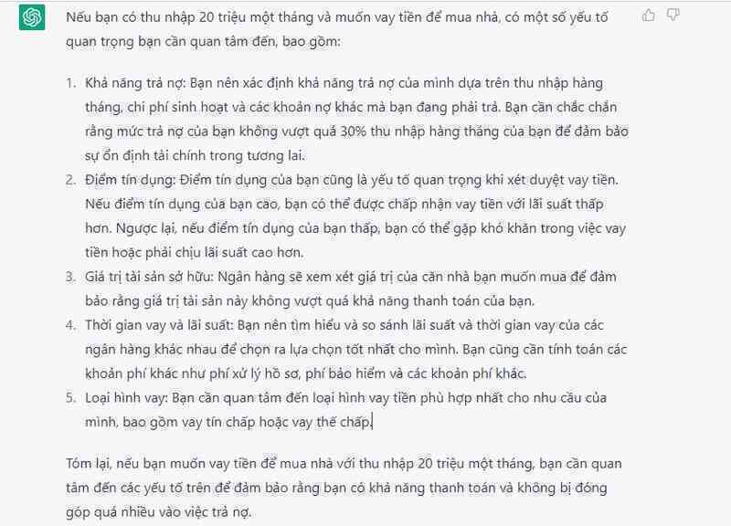 Thu nhập 20 triệu đồng/tháng muốn vay tiền mua nhà, ChatGPT gợi ý cần quan tâm những gì? - Ảnh 2.