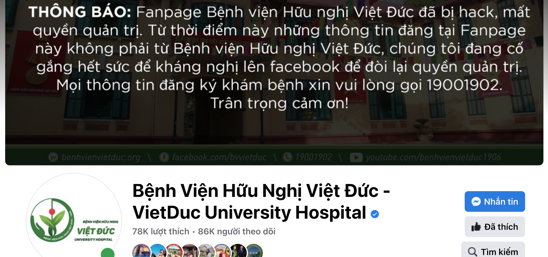 Fanpage có tích xanh của Bệnh viện Việt Đức bị hacker tấn công