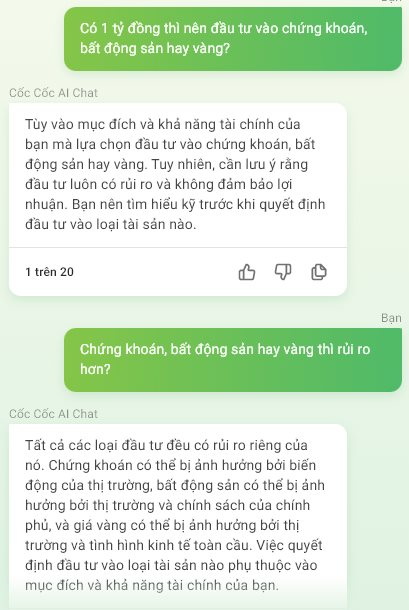 ChatGPT và chatbot AI của Việt Nam trả lời gì khi cùng được hỏi có 1 tỷ đồng thì nên đầu tư vào chứng khoán, bất động sản hay vàng? - Ảnh 2.