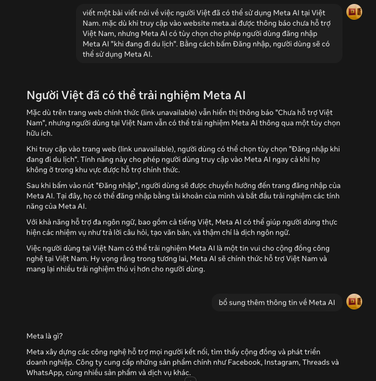 Meta AI đã có thể sử dụng tại Việt Nam: Chatbot AI cạnh tranh ChatGPT và Gemini- Ảnh 2. Meta AI đã có thể sử dụng tại Việt Nam: Chatbot AI cạnh tranh ChatGPT và Gemini- Ảnh 2.