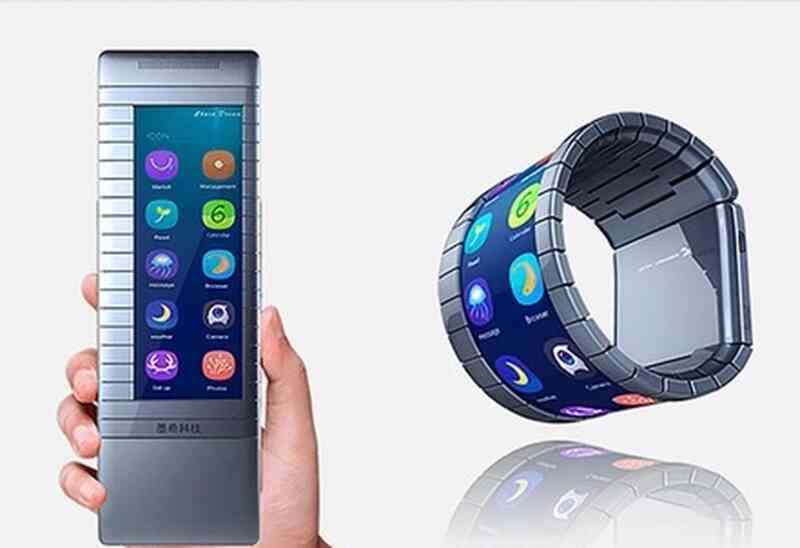 Chiếc smartphone màn hình uốn cong của Moxi Group. Bên cạnh phần màn hình có thể uốn cong, vẫn còn một phần thiết bị được giữ thẳng để chứa các linh kiện bên trong (Ảnh: Moxi).