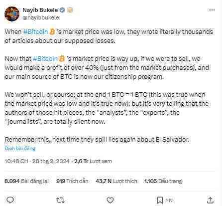 Bitcoin vượt 60.000 USD, Tổng thống El Salvador ‘flex’ khoản lãi 40%, nhưng dứt khoát: ‘Chúng tôi còn lâu mới bán’- Ảnh 2. Bitcoin vượt 60.000 USD, Tổng thống El Salvador ‘flex’ khoản lãi 40%, nhưng dứt khoát: ‘Chúng tôi còn lâu mới bán’- Ảnh 2.