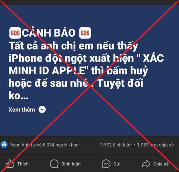 Cảnh báo Xác minh ID Apple để chiếm tài khoản là tin giả