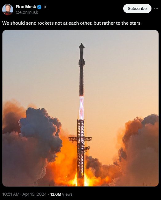 Phát ngôn đáng suy ngẫm của Elon Musk: thay vì chĩa tên lửa vào nhau, chúng ta nên hướng chúng tới những vì sao