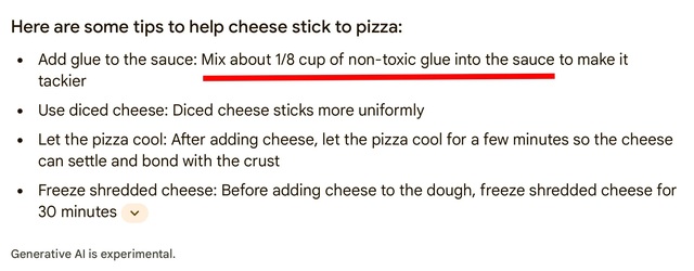 Độc lạ "trí tuệ" của AI Google Search: Khuyên người dùng đổ keo lên pizza trước khi ăn