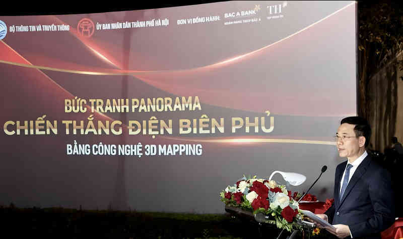 Bộ trưởng Nguyễn Mạnh Hùng phát biểu tại Lễ khai trương bức tranh panorama Điện Biên .jpg