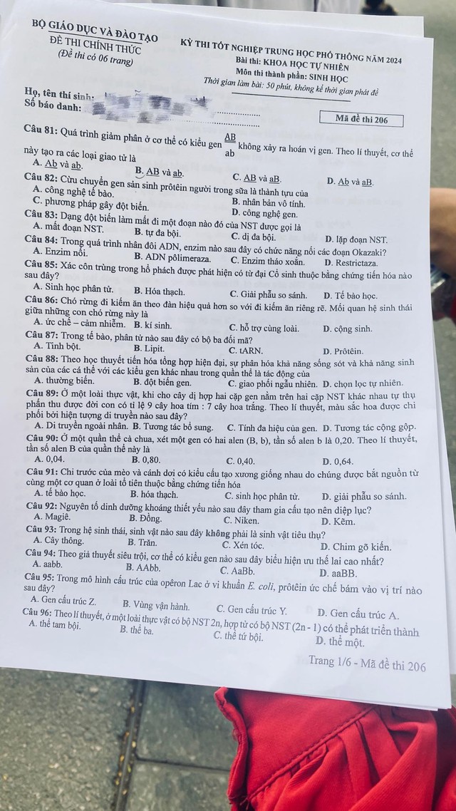 ĐÃ CÓ gợi ý đáp án môn SINH HỌC tốt nghiệp THPT 2024, cập nhật ngay TẠI ĐÂY - Ảnh 2. ĐÃ CÓ gợi ý đáp án môn SINH HỌC tốt nghiệp THPT 2024, cập nhật ngay TẠI ĐÂY - Ảnh 2.
