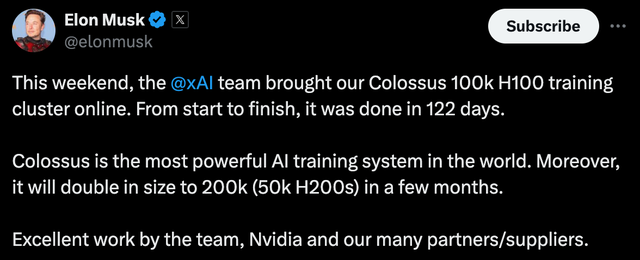 Quyết tâm cạnh tranh với OpenAI và Google, Elon Musk đưa vào vận hành "siêu máy tính AI" với 100.000 GPU NVIDIA H100