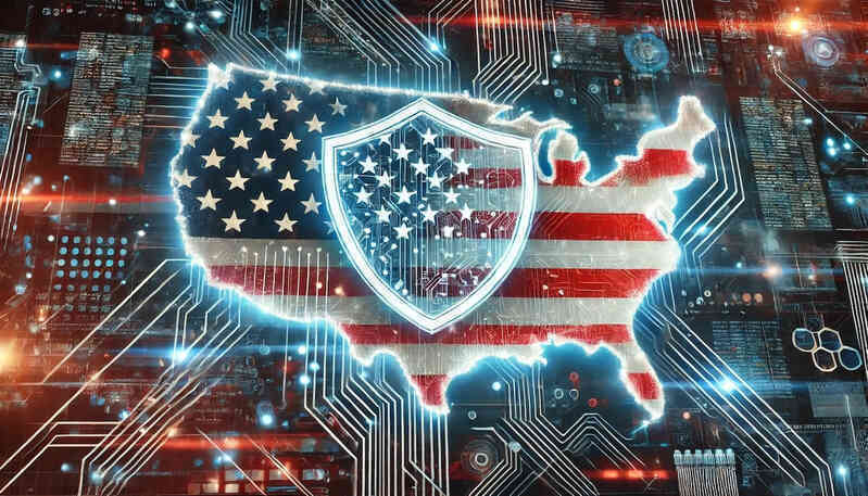 DALLE 2024 10 22 082908 An image representing American cybersecurity featuring the outline of the United States with a glowing digital shield surrounding it The shield is c.jpeg