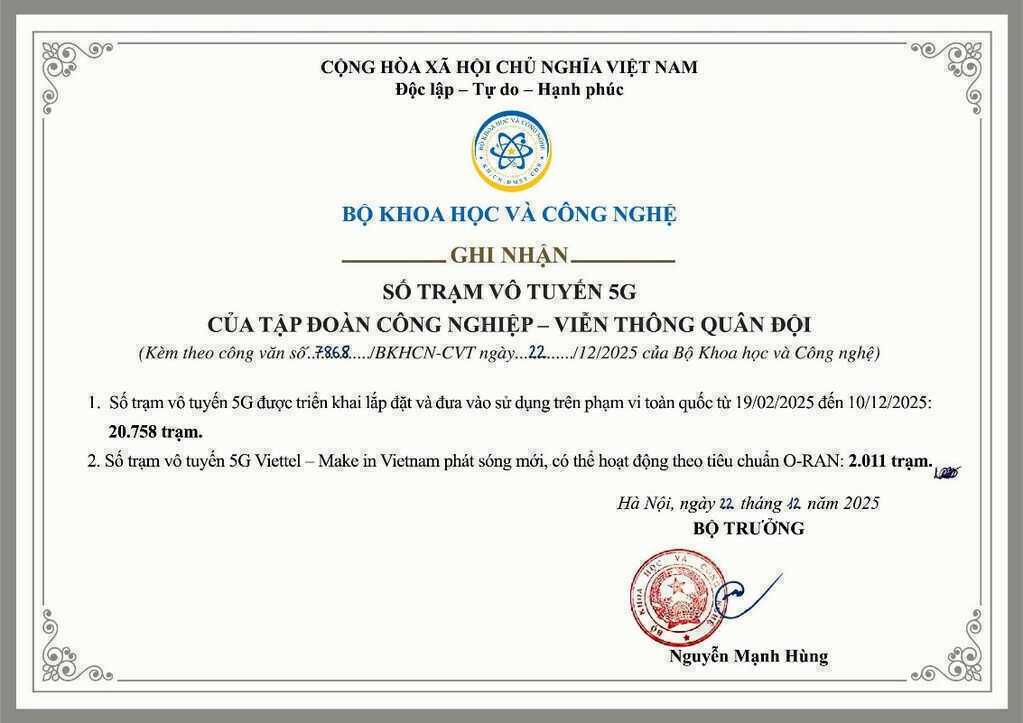Bộ Khoa học và Công nghệ ghi nhận Viettel hoàn thành cam kết triển khai mạng 5G