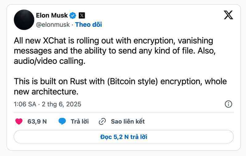 Elon Musk tung ứng dụng nhắn tin mã hóa “tương tự Bitcoin”, trả phí cho X mới được dùng- Ảnh 2. Elon Musk tung ứng dụng nhắn tin mã hóa “tương tự Bitcoin”, trả phí cho X mới được dùng- Ảnh 2.