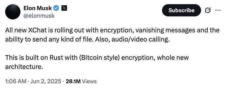 Elon Musk tung XChat với mã hóa và bảo mật “kiểu Bitcoin”