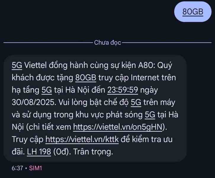 Thuê bao Viettel tại Hà Nội được tặng 80GB dữ liệu 5G dịp 2/9