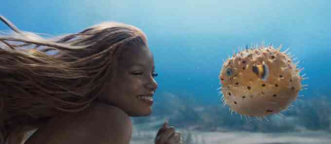 Hình ảnh nàng tiên cá chơi đùa với một chú cá nóc xuất hiện trong trailer của phim, tuy nhiên, chi tiết cá nóc phình lớn cơ thể lên như quả bóng cho thấy nó đang hoảng sợ, thay vì thích thú chơi đùa cùng nàng tiên cá (Ảnh cắt từ clip).